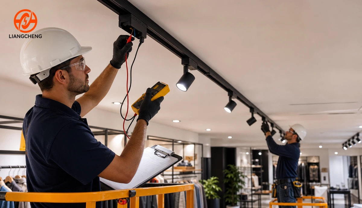 Technicians inspecting and commissioning an installed track lighting rail