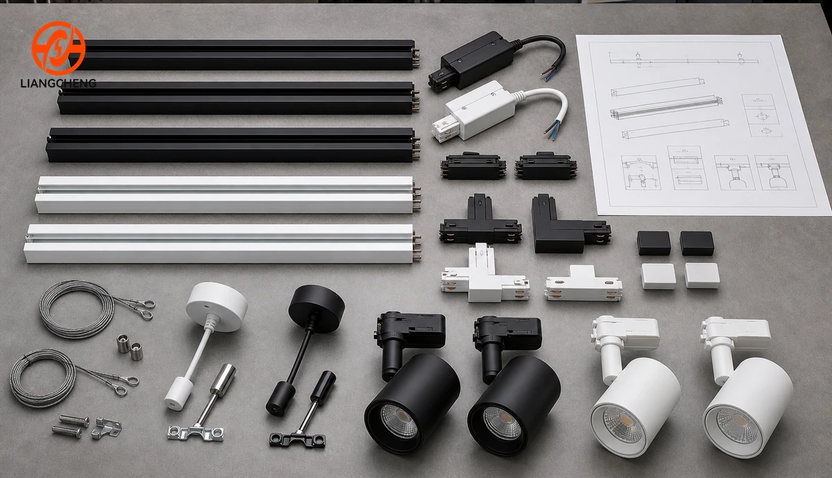 Track rail sections, feeds, joiners, suspension parts, adapters, and spotlights arranged as a system