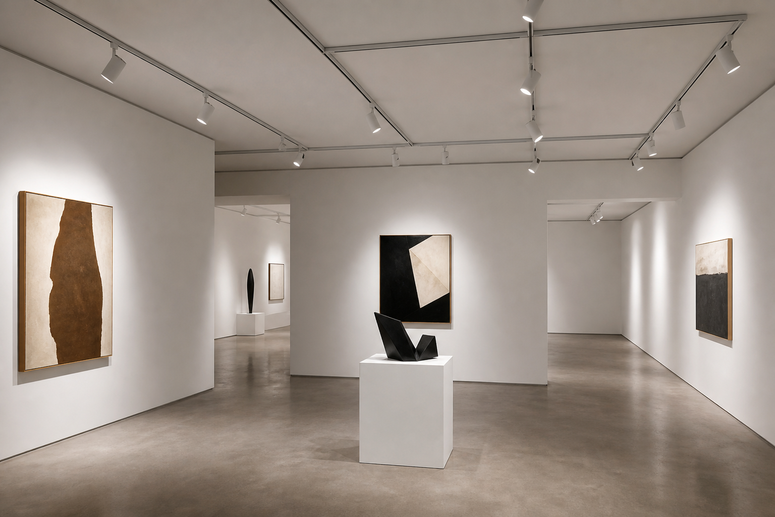 Adjustable LED track lights illuminating artwork in a modern commercial gallery