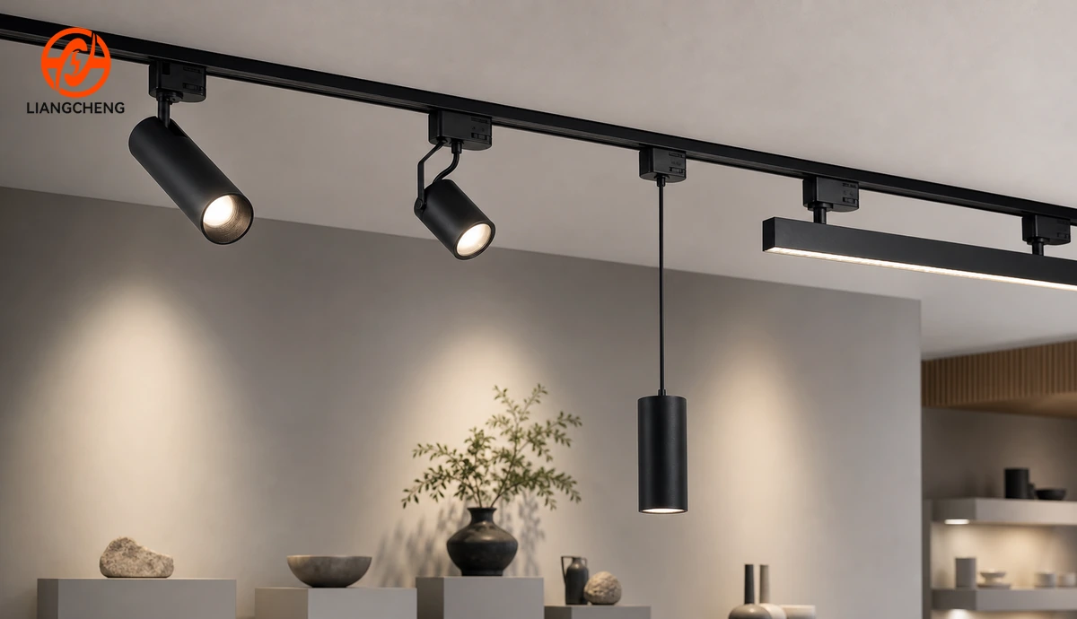 Compatible spotlight pendant and linear fixture formats installed on one matched track family