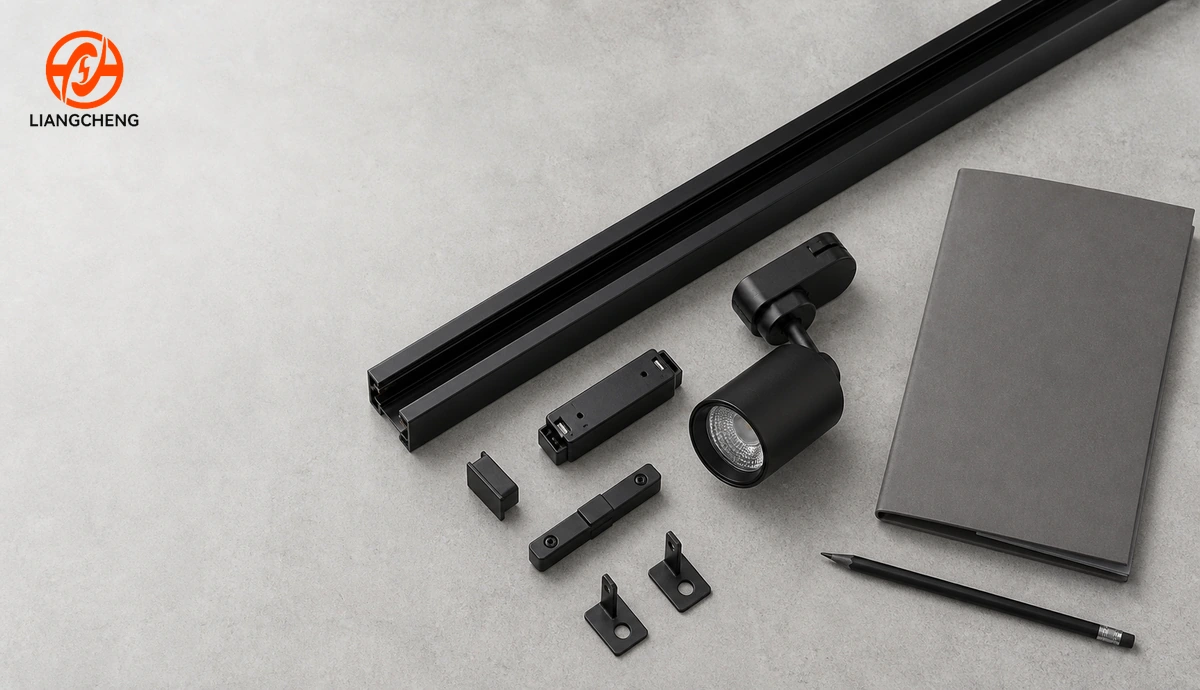 Conceptual lighting track, spotlight, connector, end cap, brackets, and specification folder