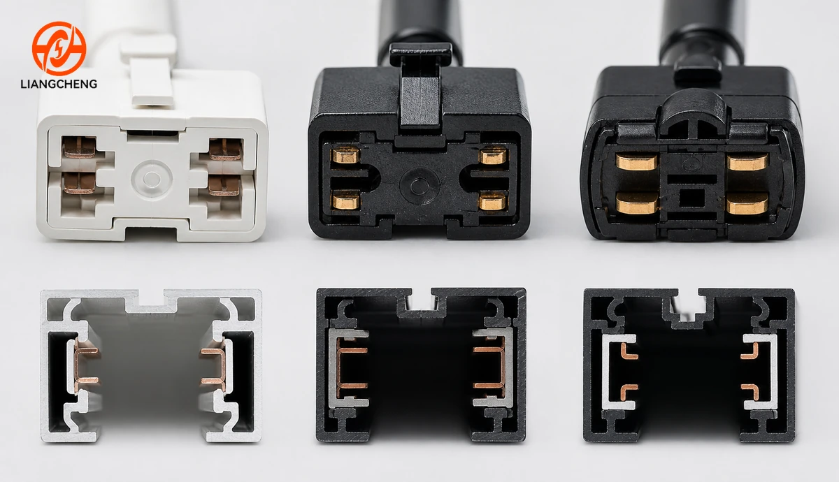 Different track head adapter contacts and rail cross-sections shown in close-up