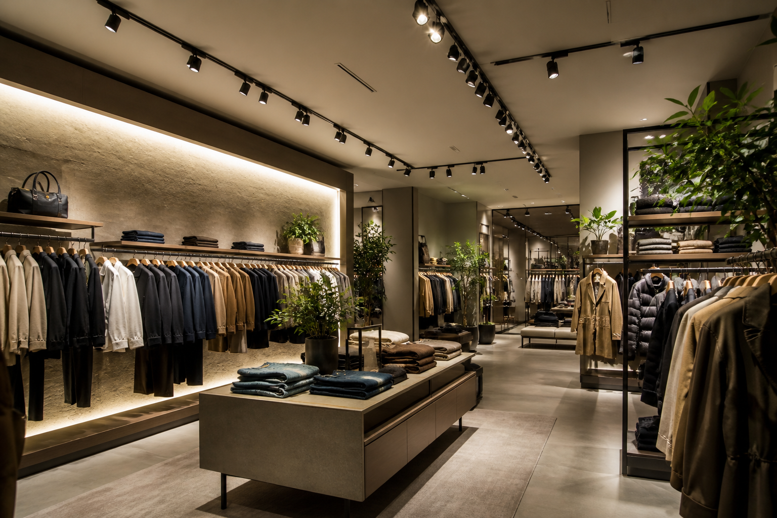 Layered LED track lighting highlighting merchandise in a modern retail store