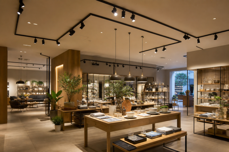 Contemporary retail interior illuminated by a flexible LED track rail system