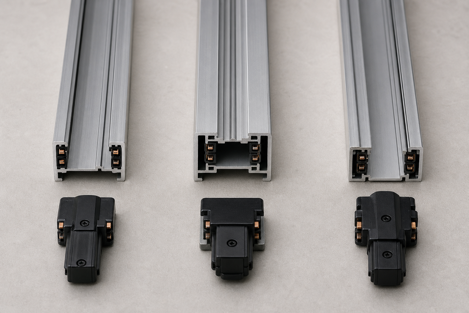 Top-down comparison of aluminum LED track rail cross-sections and matching adapters