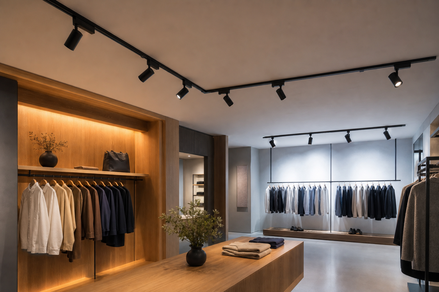 Modern retail interior using black LED track rails for warm and neutral lighting zones