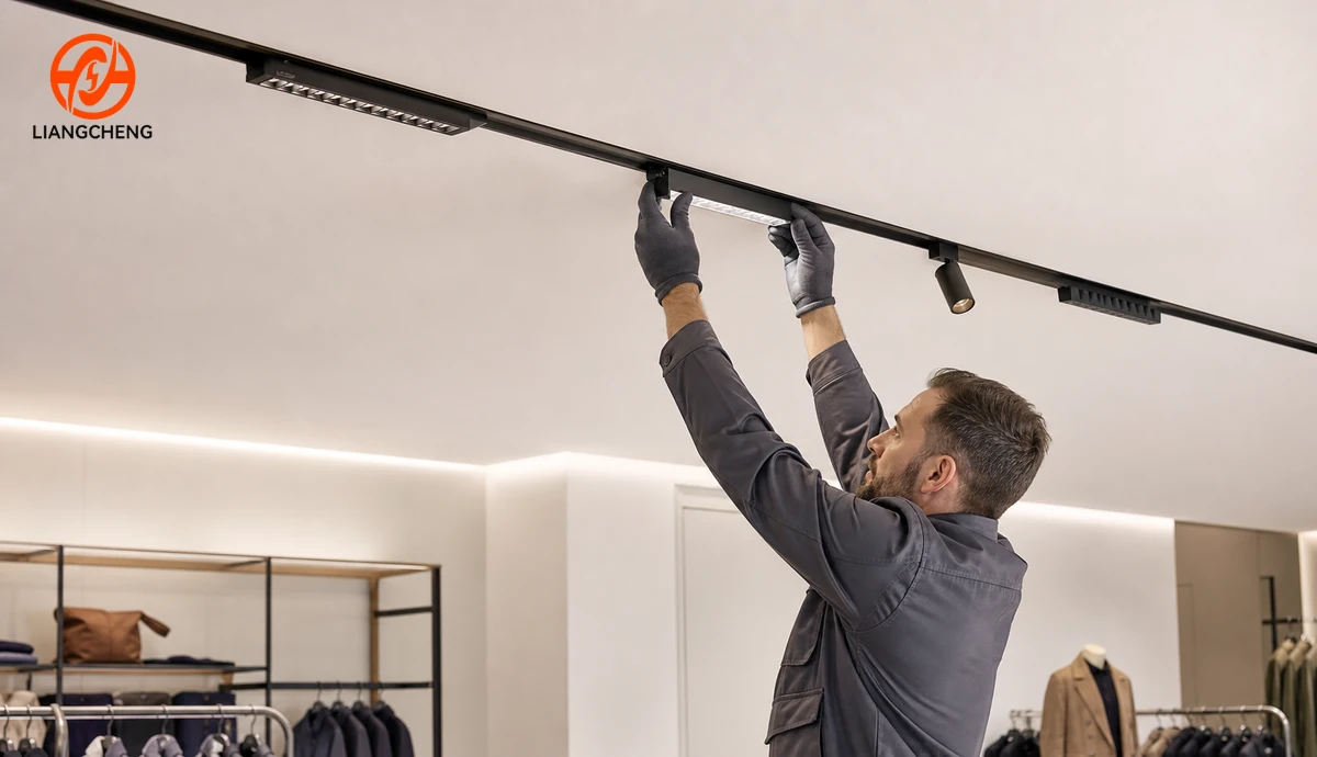 Technician installing a modular light into a low-voltage magnetic track