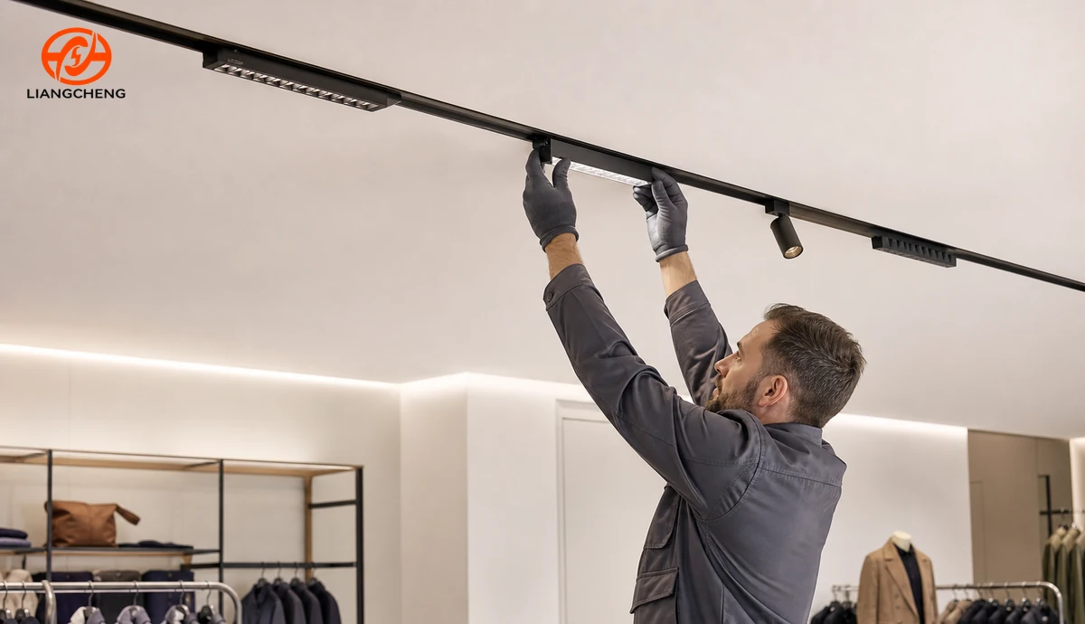Installer clipping a magnetic track light module onto a low-voltage magnetic rail
