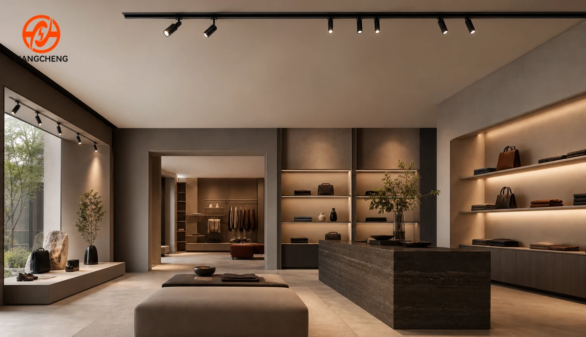 Retail showroom with independently controlled track lighting zones