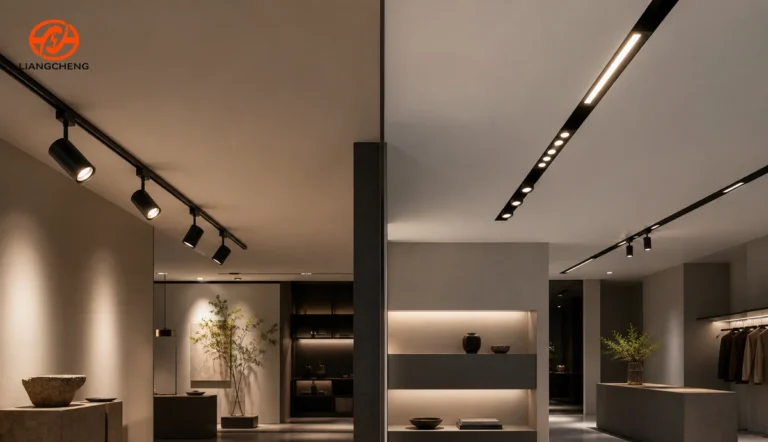 Magnetic track lighting with linear modules and spotlights in a modern retail and living interior