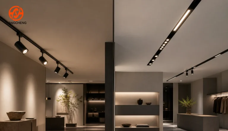 Ordinary track lights and magnetic track lights compared in a modern commercial interior