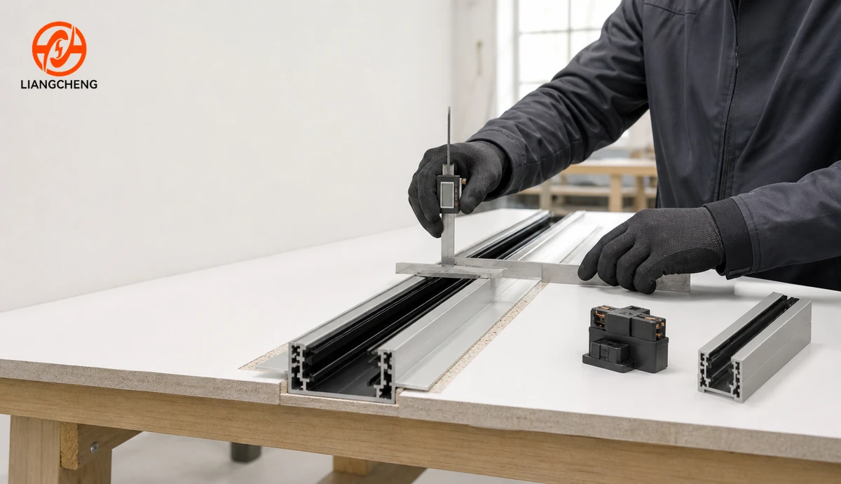 Checking recessed track rail cutout width and installation depth