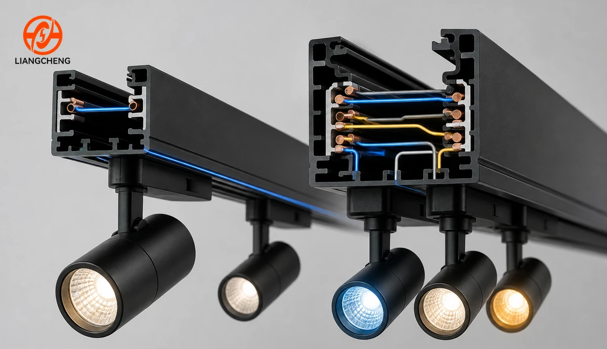 Conceptual comparison of simple and multi-path track lighting control architectures