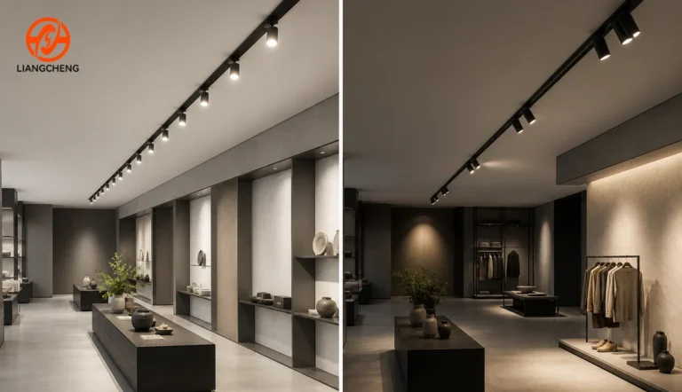 Single-circuit and multi-circuit track lighting control compared in a showroom