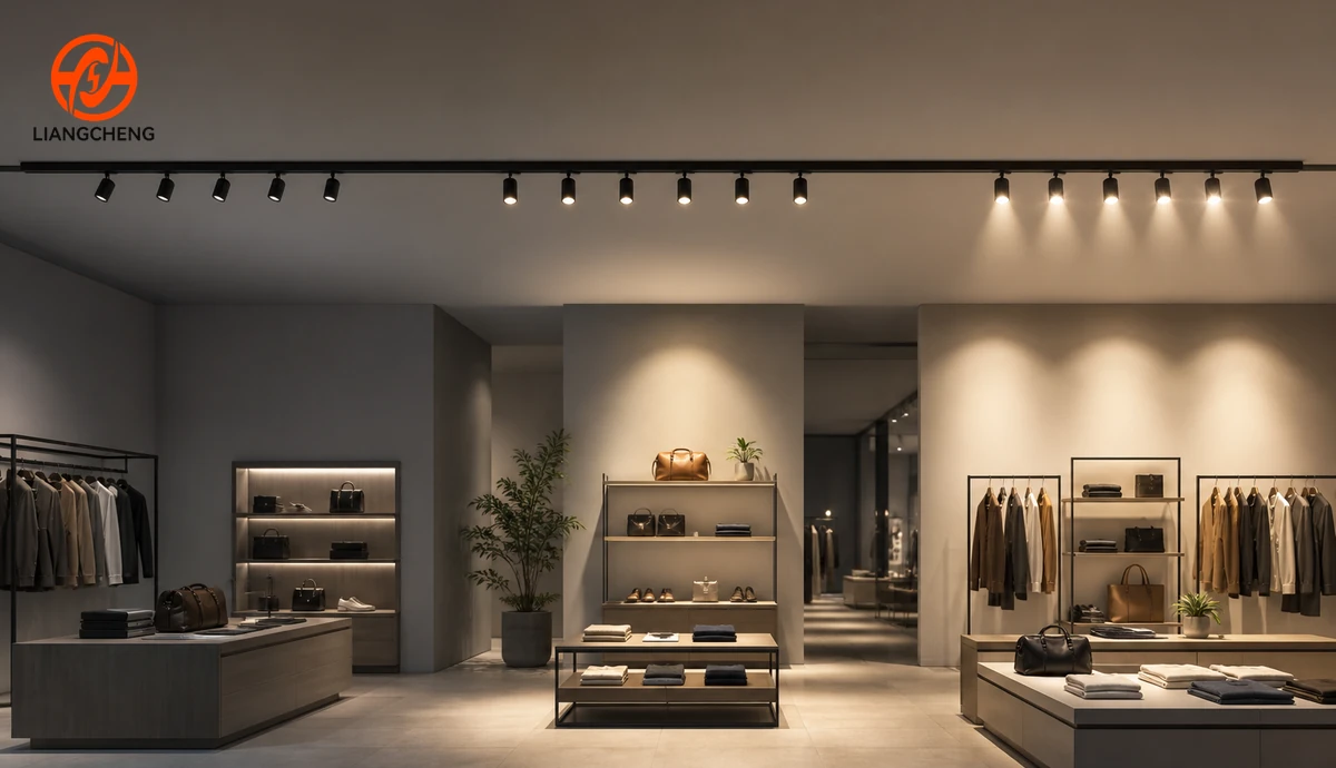 Commercial showroom using independently controlled track lighting zones