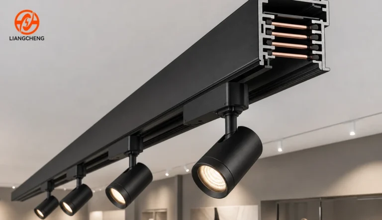 Six-wire track rail with adjustable commercial track lights