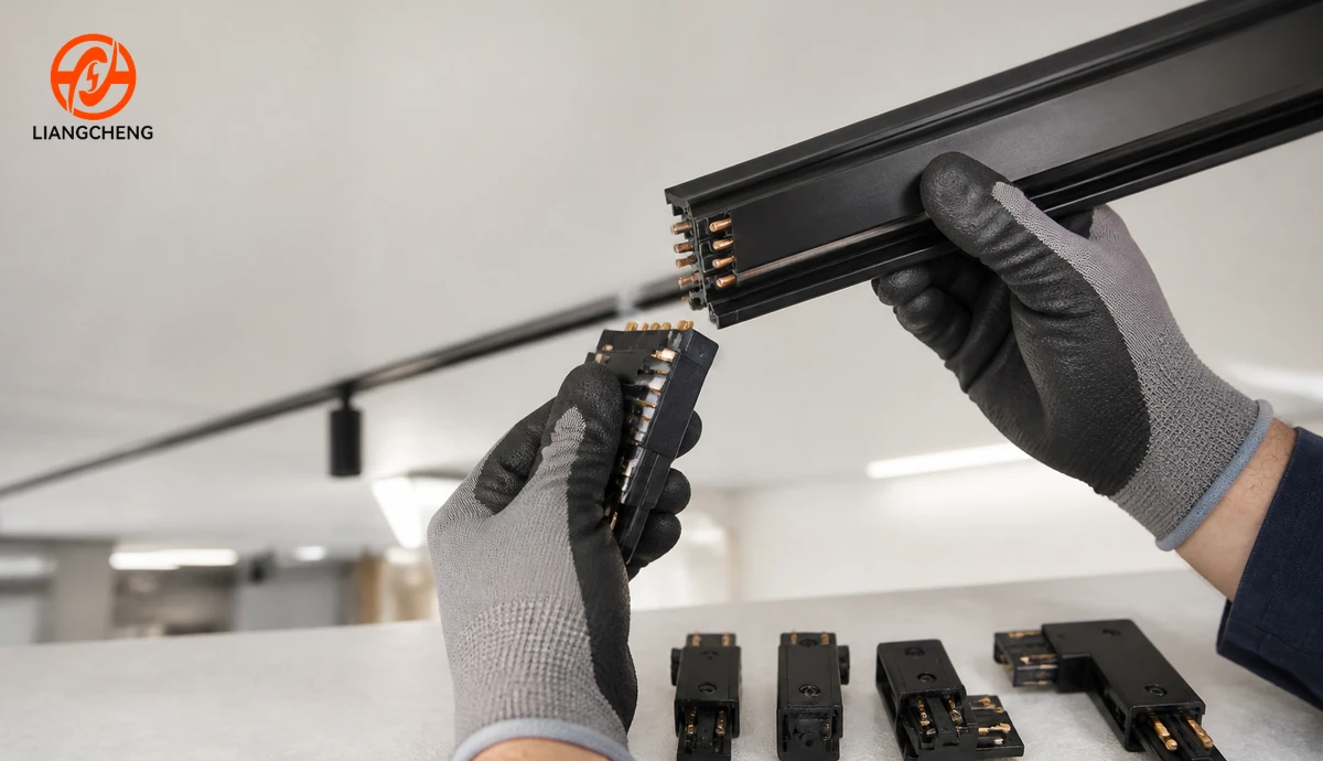Installer checking a track rail and compatible adapter before installation