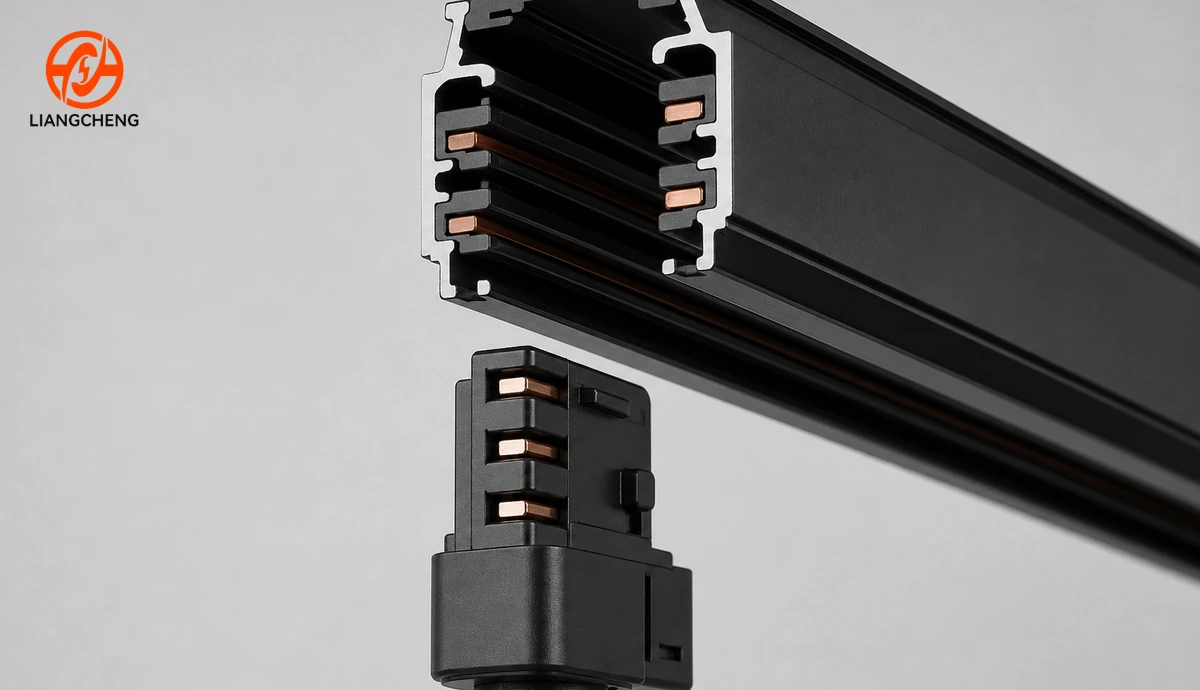 Three-wire track rail cross-section aligned with a matching three-contact adapter