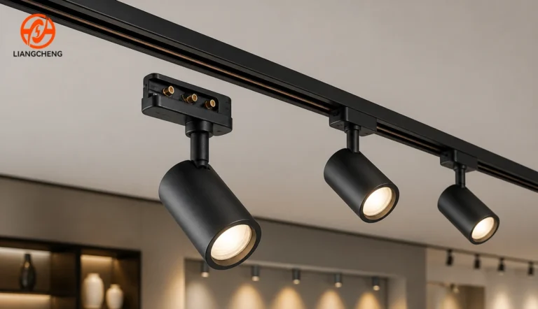 Three-wire track rail with compatible track spotlights