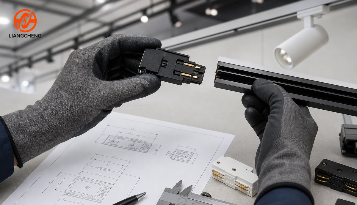 Technician comparing a track light adapter with a rail sample and dimension drawing