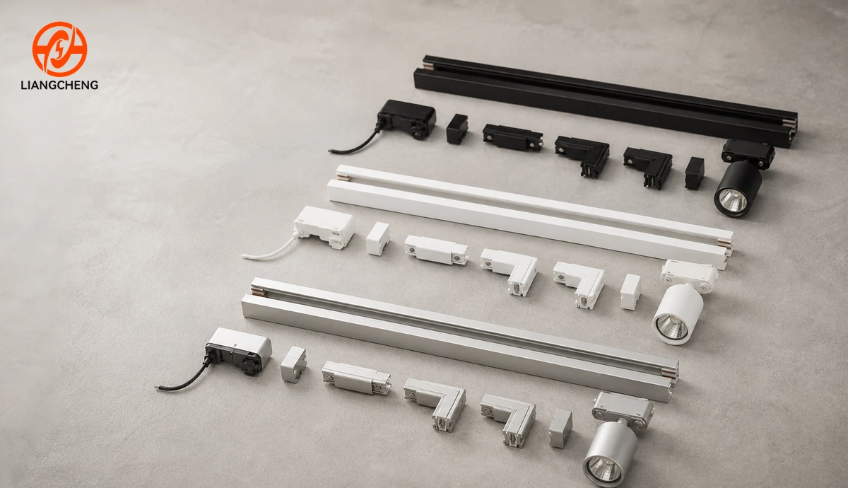 Track rails, feeds, connectors, adapters, and spotlights arranged as compatible component families