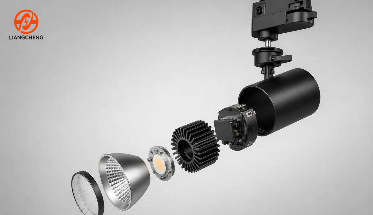 Exploded view of an LED track light and its optical and electrical components