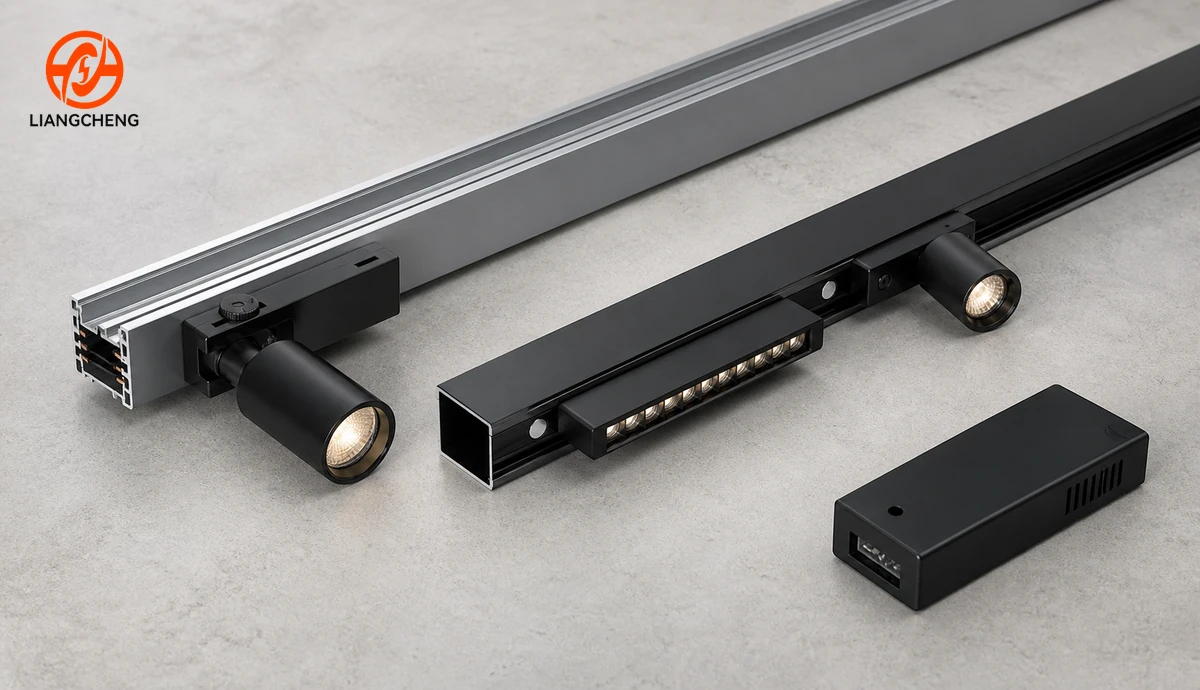 Conventional track spotlight and magnetic track lighting modules shown side by side