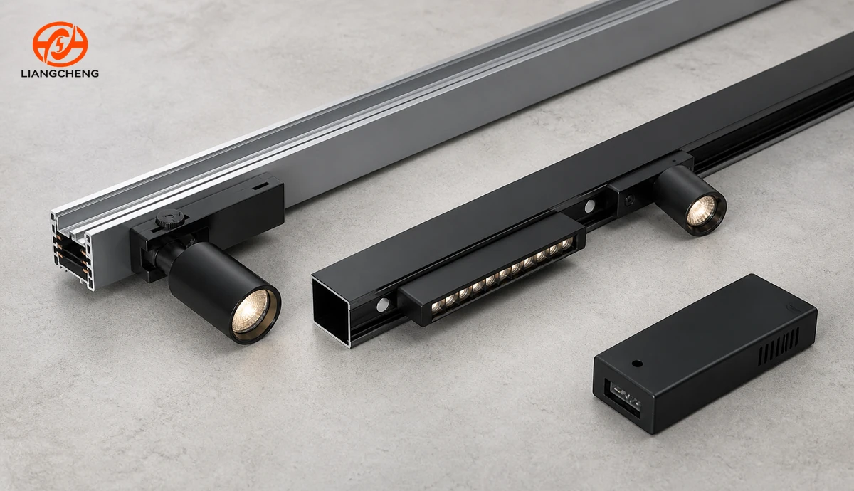 Mains-voltage track rail with spotlight next to a low-voltage magnetic track and its separate LED driver