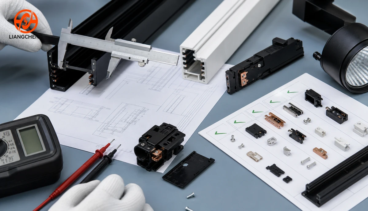 Compatibility inspection of track rail profile, adapter contacts, dimensions, and accessory samples
