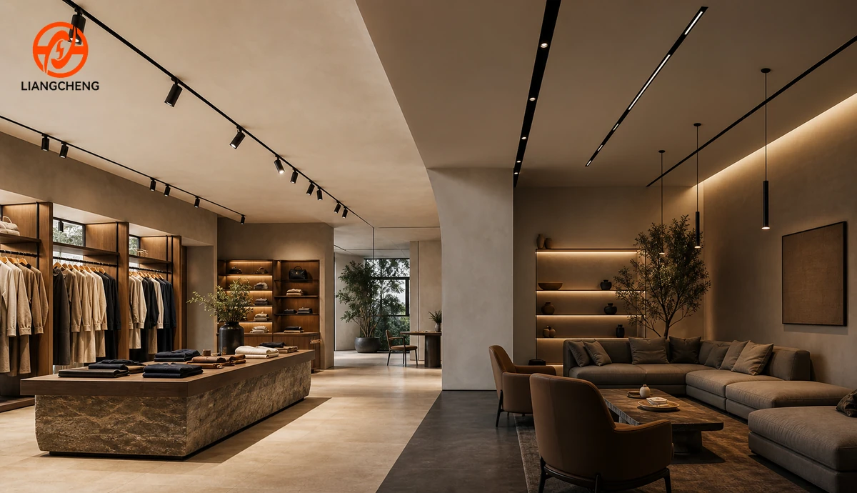 Traditional track spotlights and magnetic track modules used in adjacent commercial spaces