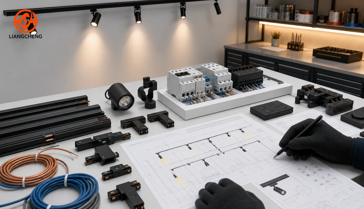 Track lighting circuit planning with rail samples, adapters, switching modules, and layout drawings