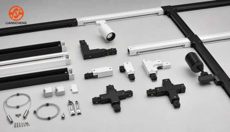 Complete track lighting rail accessory system with feeds, connectors, mounting parts, and adapters
