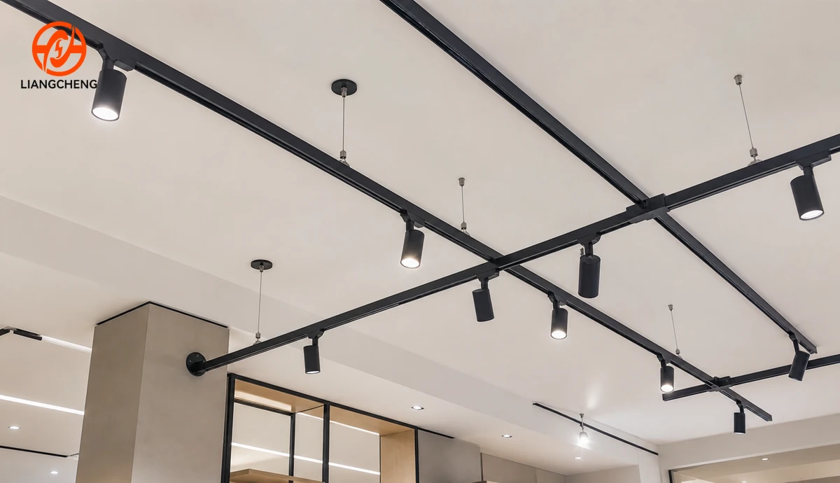 Commercial track lighting layout using straight runs, corners, branches, intersections, and suspension parts