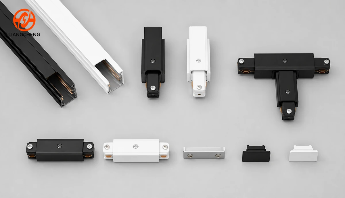 Track lighting rail power feeds, straight joiners, mechanical joiners, and end caps