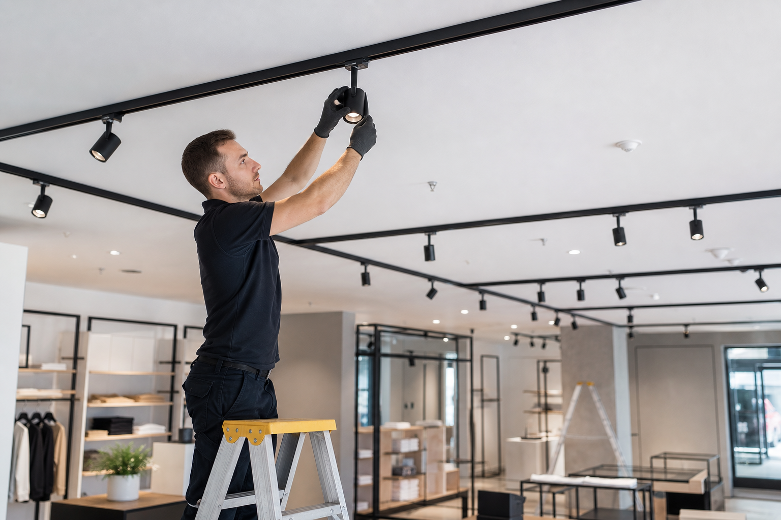 Technician repositioning an LED track light during commercial space reconfiguration