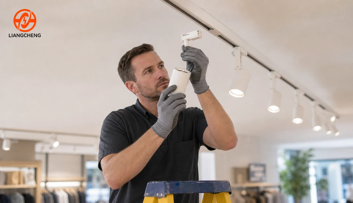 Technician inspecting a track light adapter before selecting a compatible replacement