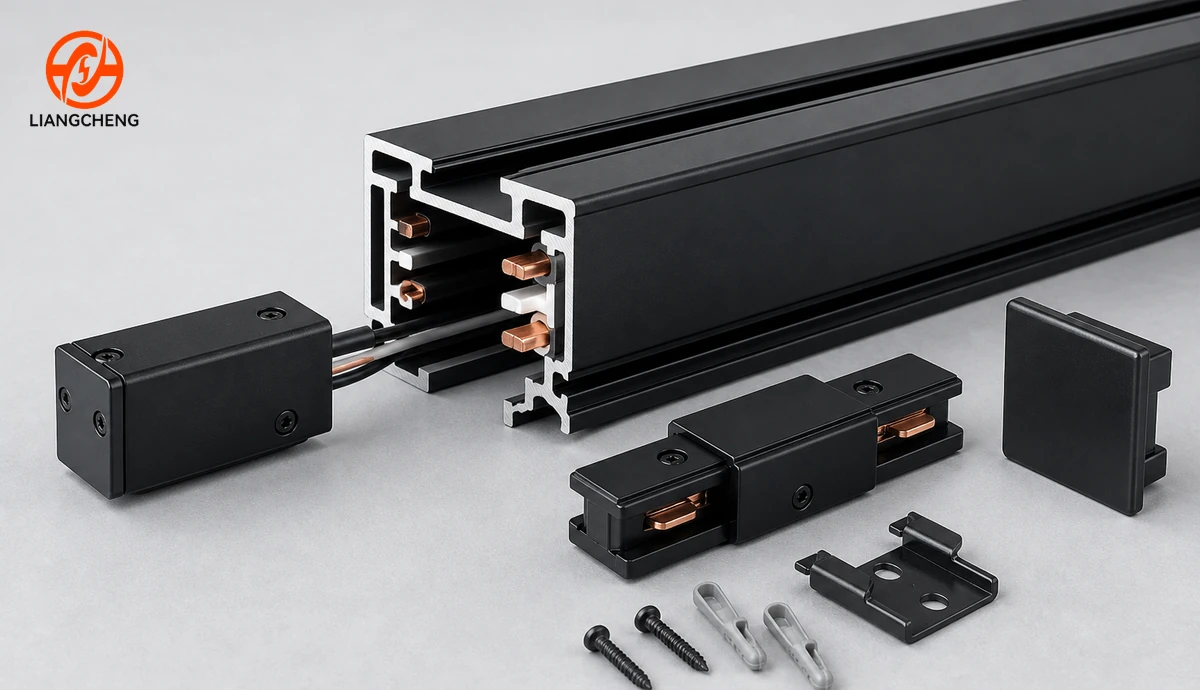 Track rail profile with conductors, feed, connector, end cap, and mounting parts