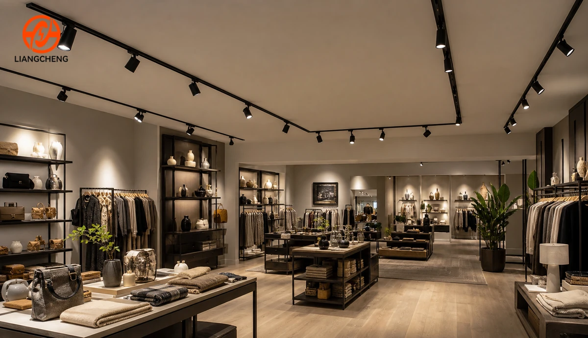 Retail interior showing a track rail layout for accent and wall lighting