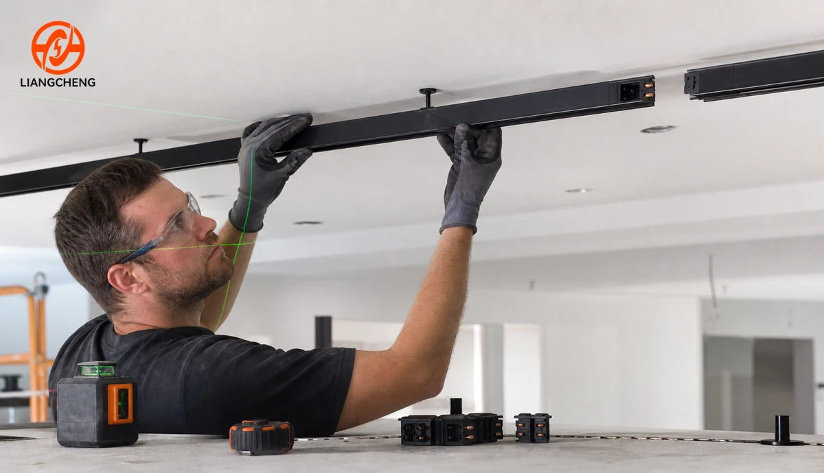 Installer aligning track rail during a pre-installation check