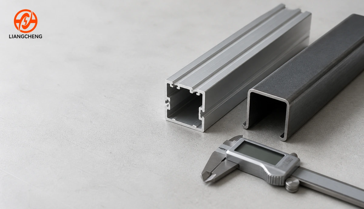 Illustrative aluminum extrusion and folded steel channel profiles beside a caliper