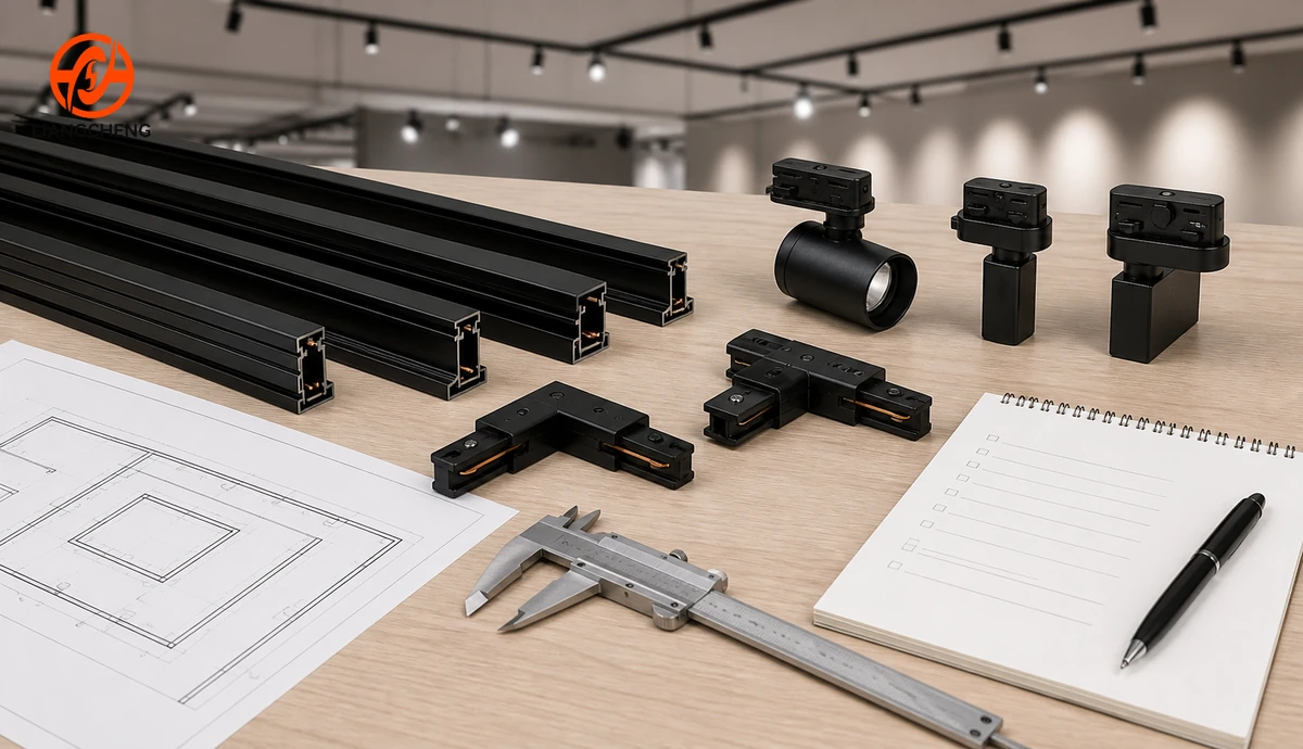 Track rail samples, adapters, connectors, drawings, and calipers for compatibility verification