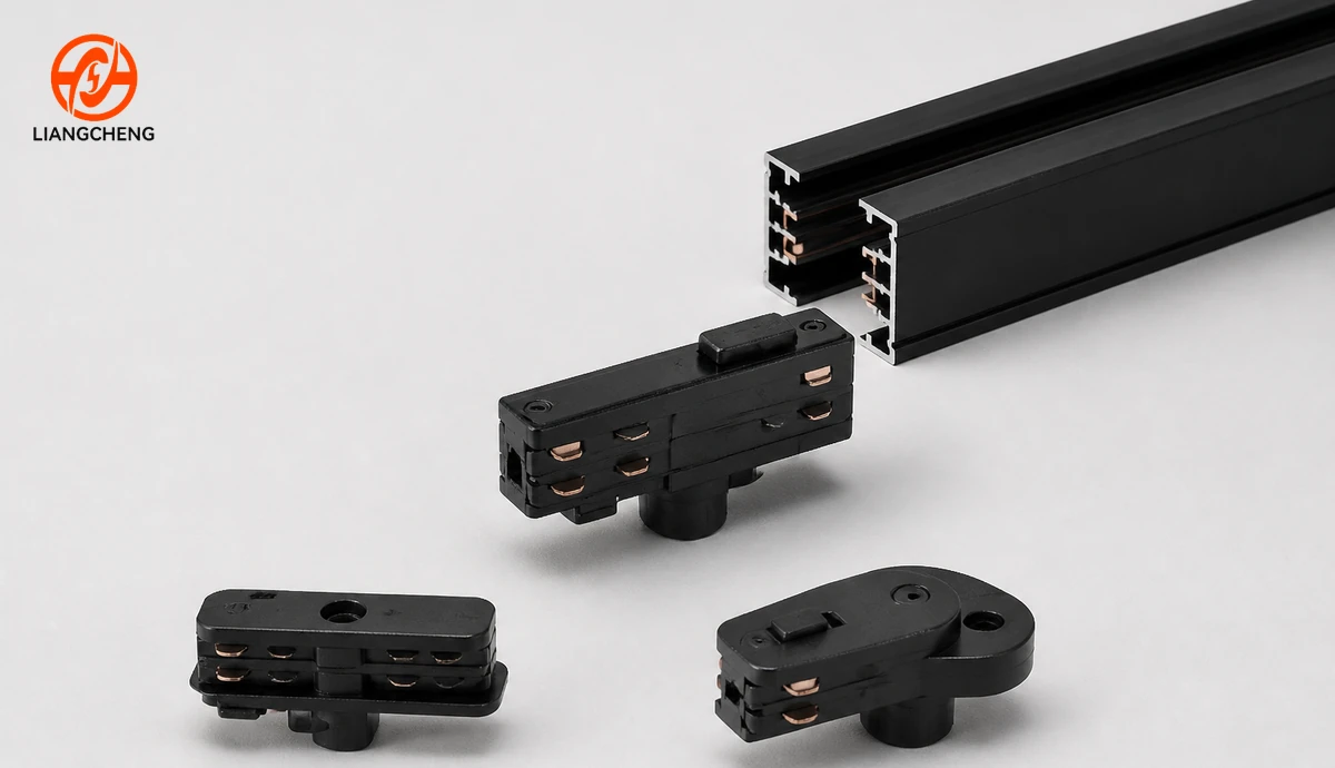 Different track light adapters compared with a track rail profile