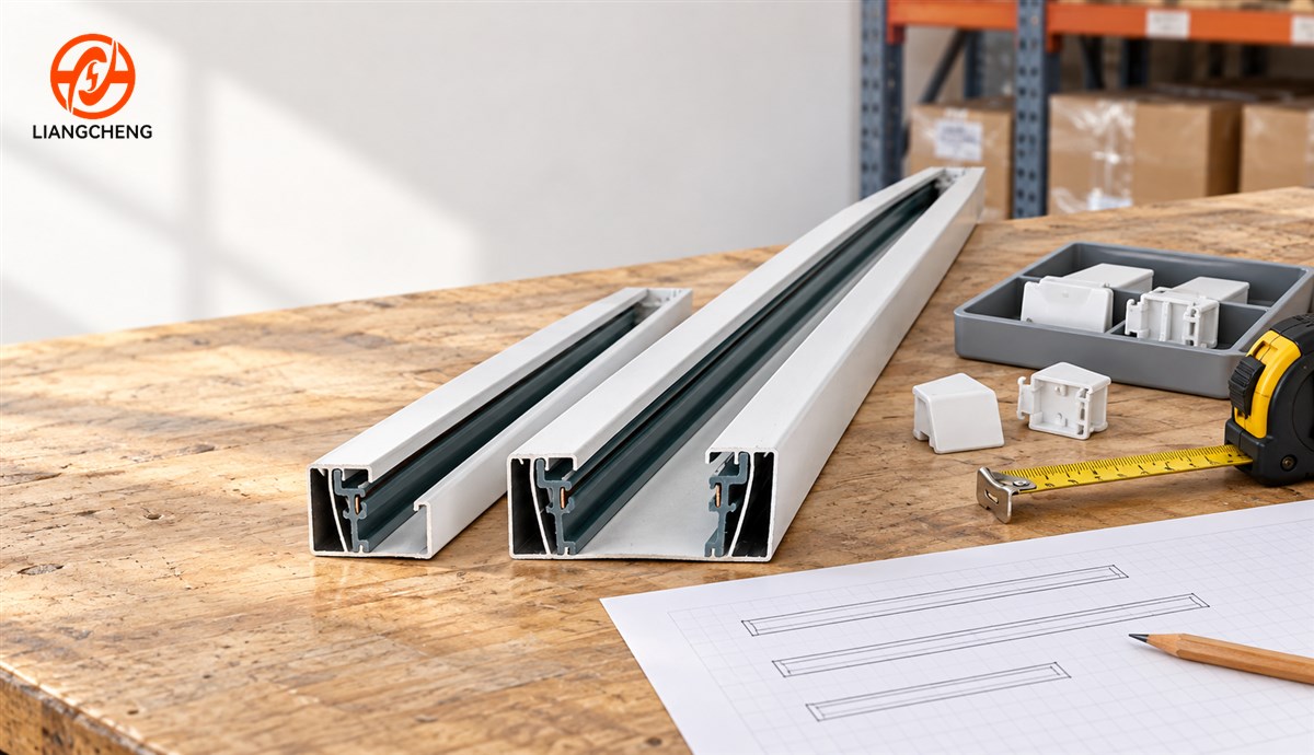 Matching white two-wire lighting rails in different lengths arranged for wholesale order planning