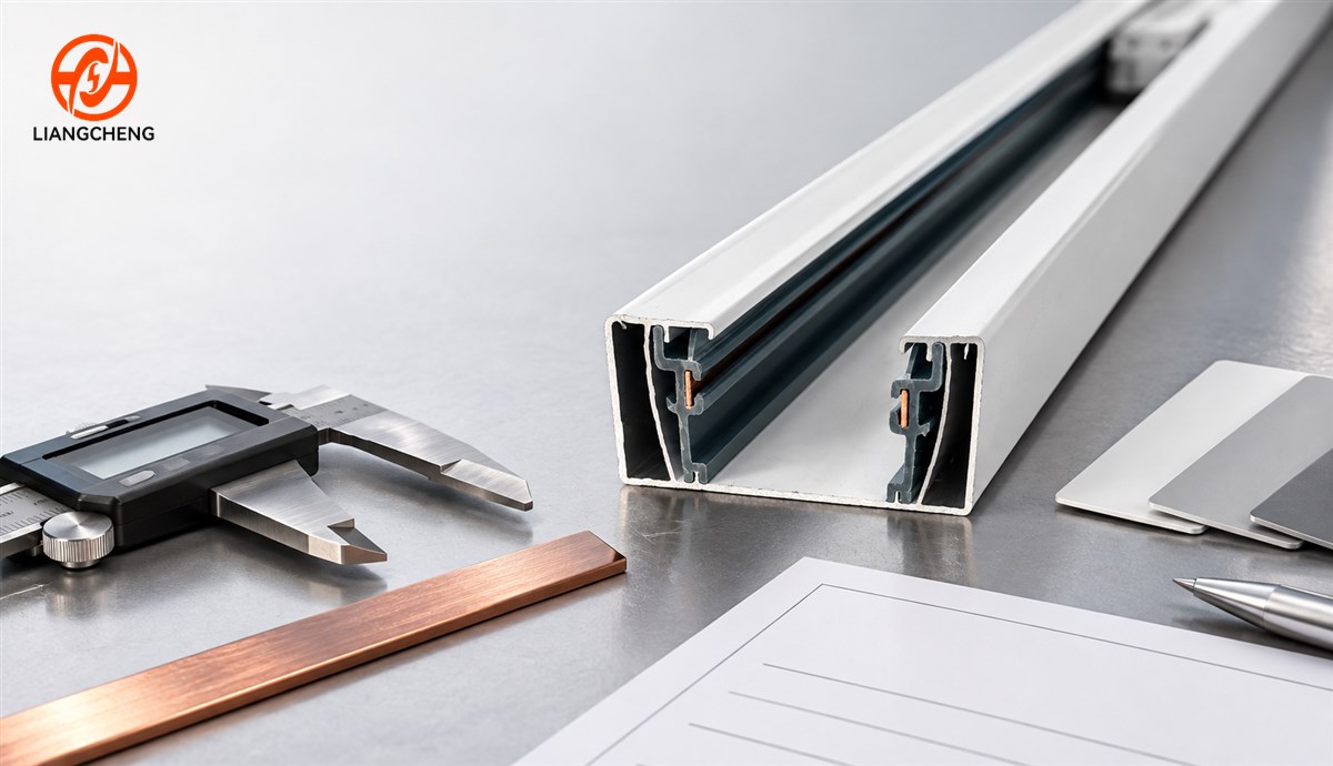 White two-wire track rail product reference beside a caliper and material samples