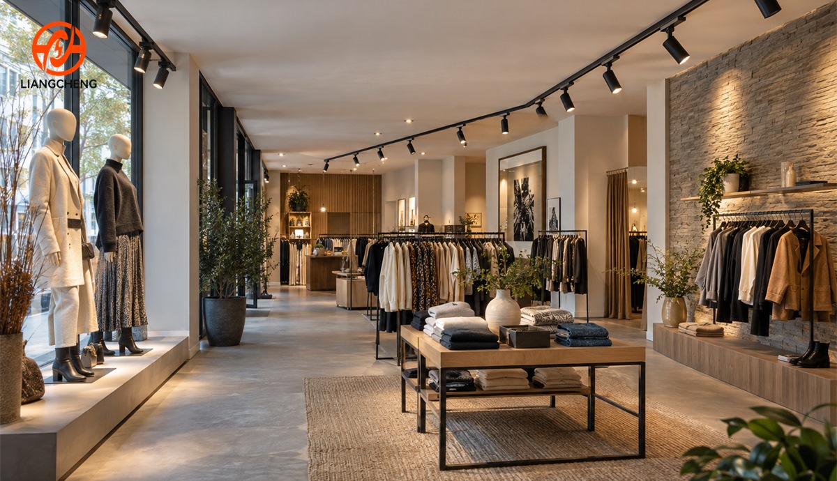 Retail store using one track lighting route for three lighting zones