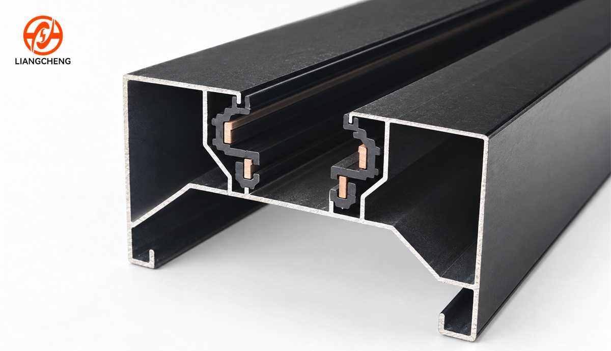 Four copper conductor paths inside a black aluminum 4-wire track rail