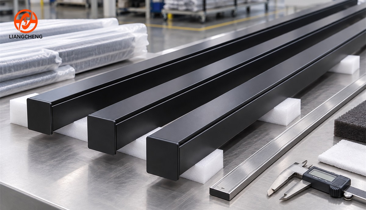 Factory inspection of long black track rails for dimensions finish and straightness