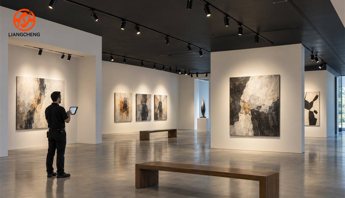 Technician commissioning controlled track lighting groups in a gallery