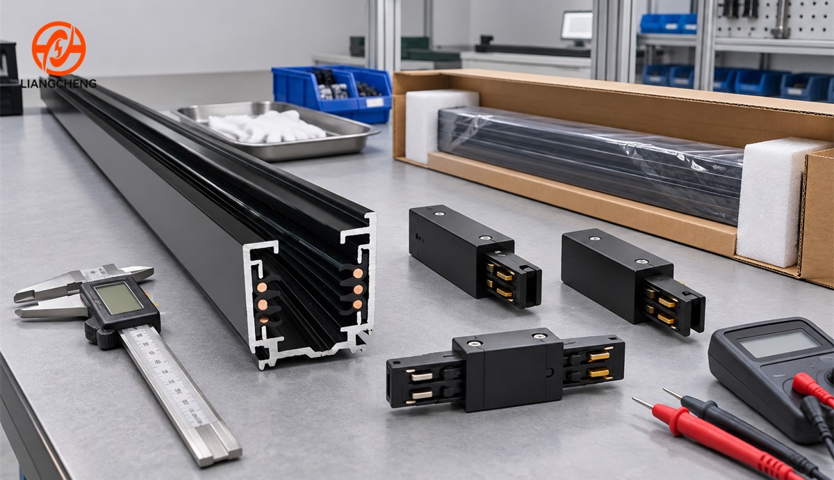 Six-wire track rail adapters connectors and test tools at a quality-control station
