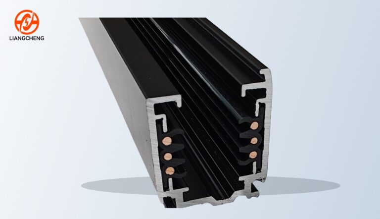 Black six-wire track rail with six copper conductor contacts